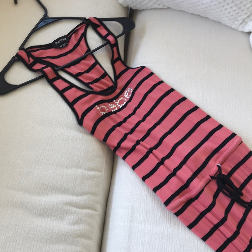 Bebe XS striped dress orange black booty maxi